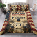 Baseball quilt bedding set styled in a bright bedroom with player artwork and vintage red, navy, and cream sports colors