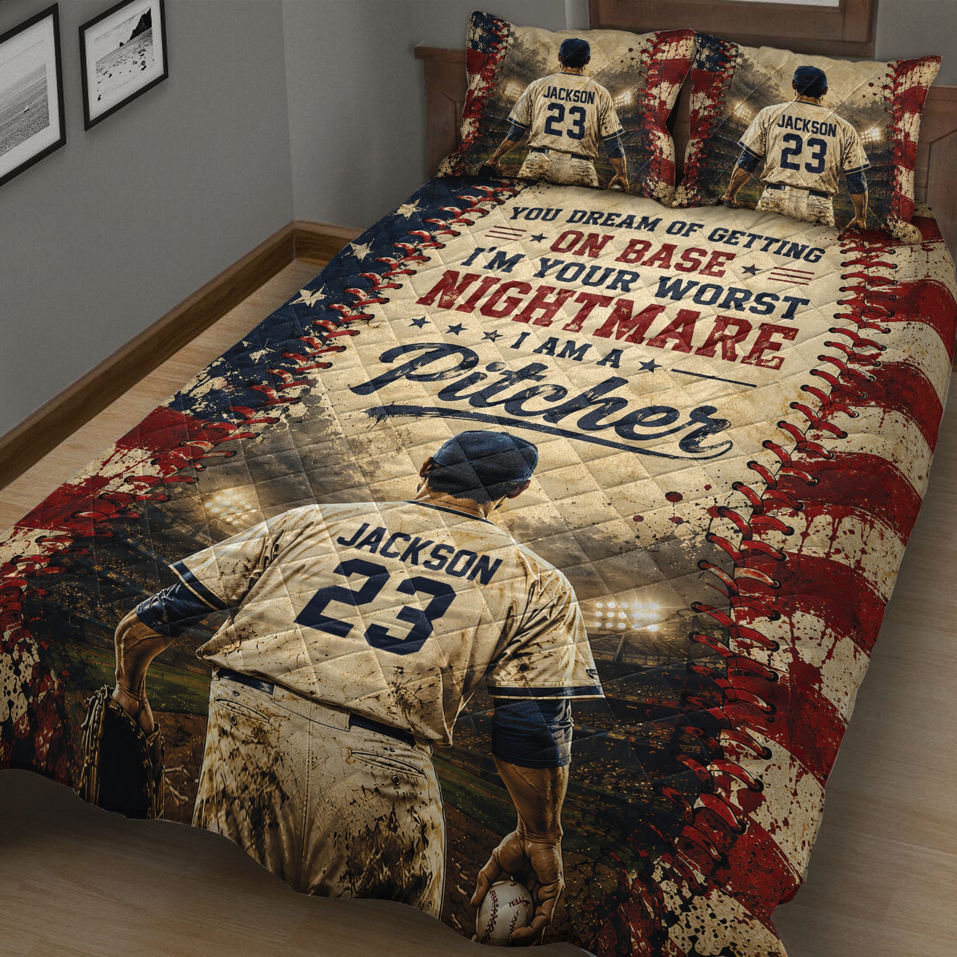 Close bedroom view of a baseball quilt blanket with stadium player artwork, baseball borders, and bold sports typography