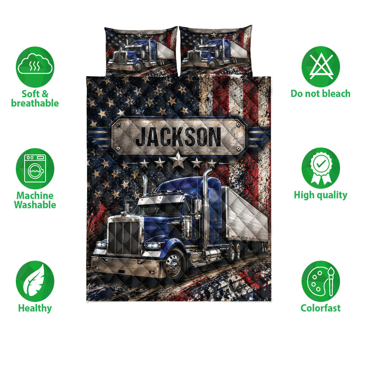 Trucker quilt bedding set displayed flat with semi-truck artwork and illustrated product feature icons