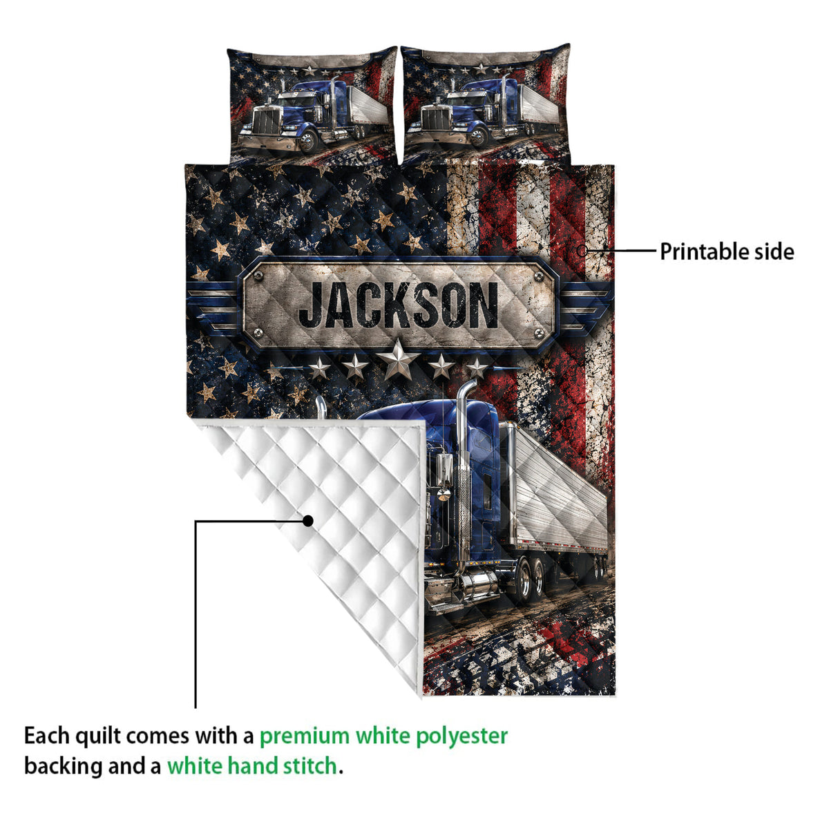 Trucker quilt detail showing printed semi-truck artwork, quilted backing, and a distressed patriotic design