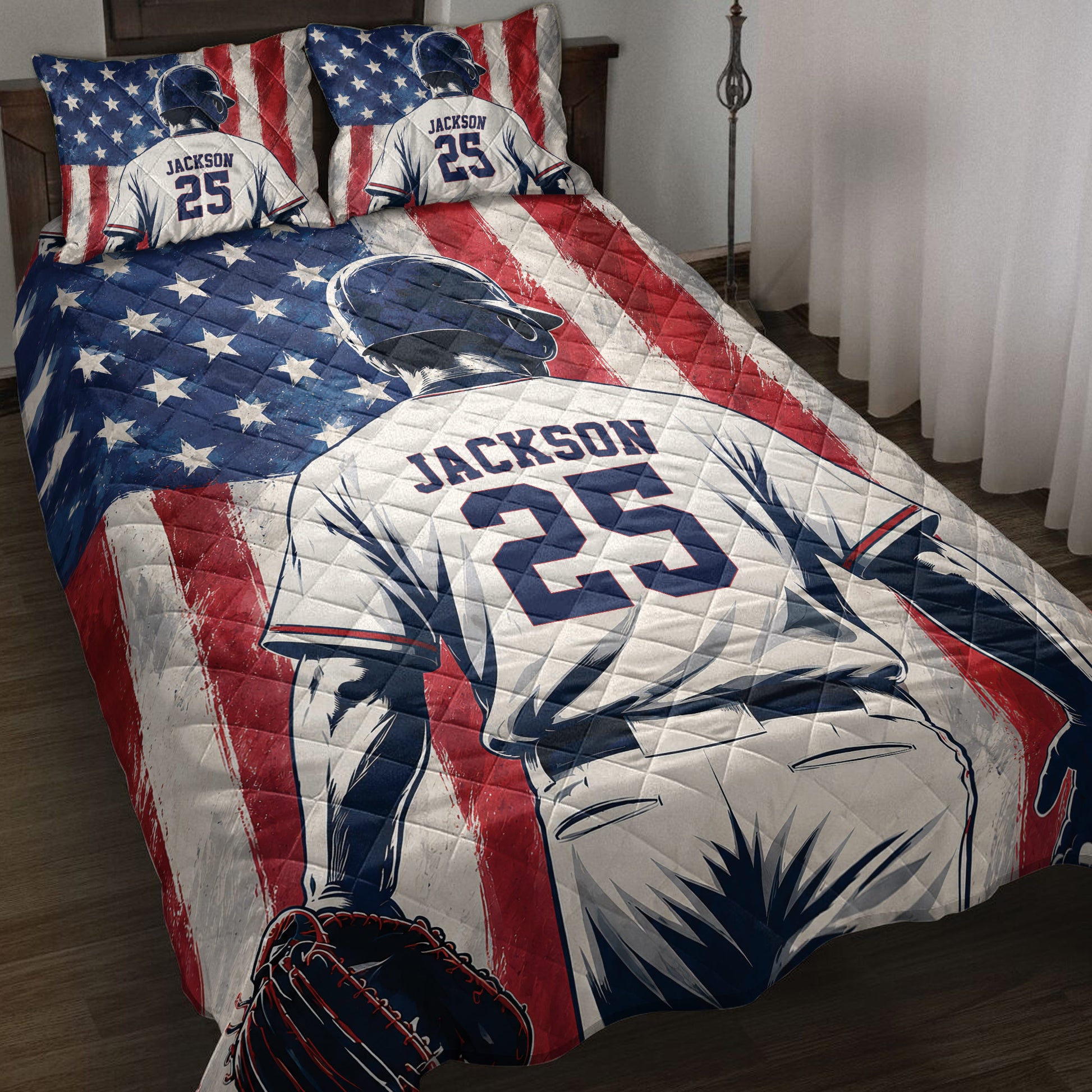 Custom Baseball Quilt Blanket with Player Silhouette and Distressed American Flag Artwork