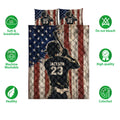 Baseball quilt bedding set presentation with batter artwork, rustic flag colors, and feature icons
