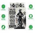 Motocross quilt bedding set with dirt bike rider and mountain artwork shown with care and quality feature icons