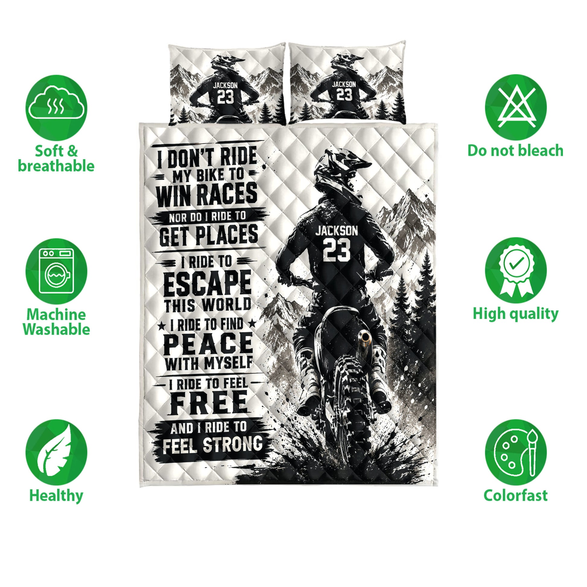 Motocross quilt bedding set with dirt bike rider and mountain artwork shown with care and quality feature icons