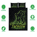 Neon green ice hockey player quilt set shown with black bedding and bold sports artwork
