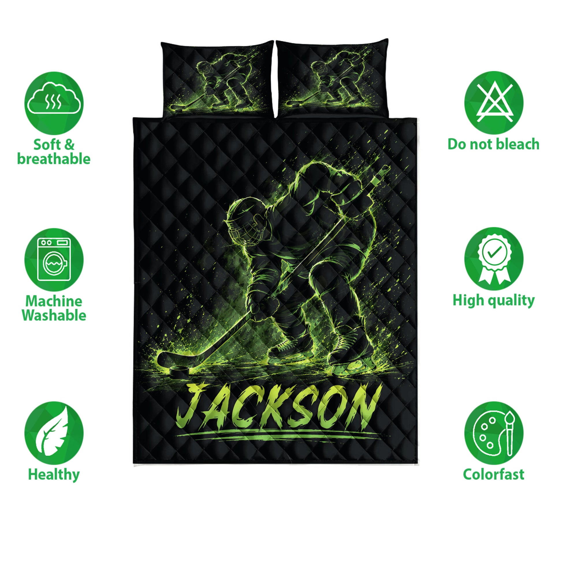 Neon green ice hockey player quilt set shown with black bedding and bold sports artwork