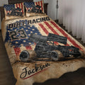 Dirt track racing quilt bedding set with sprint cars, patriotic star and stripe artwork, and bold racing graphics
