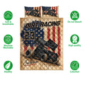 Dirt track racing quilt set displayed with sprint car artwork, patriotic background, and product feature icons