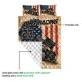 Dirt track racing quilt showing the printed front design and white quilted backing detail