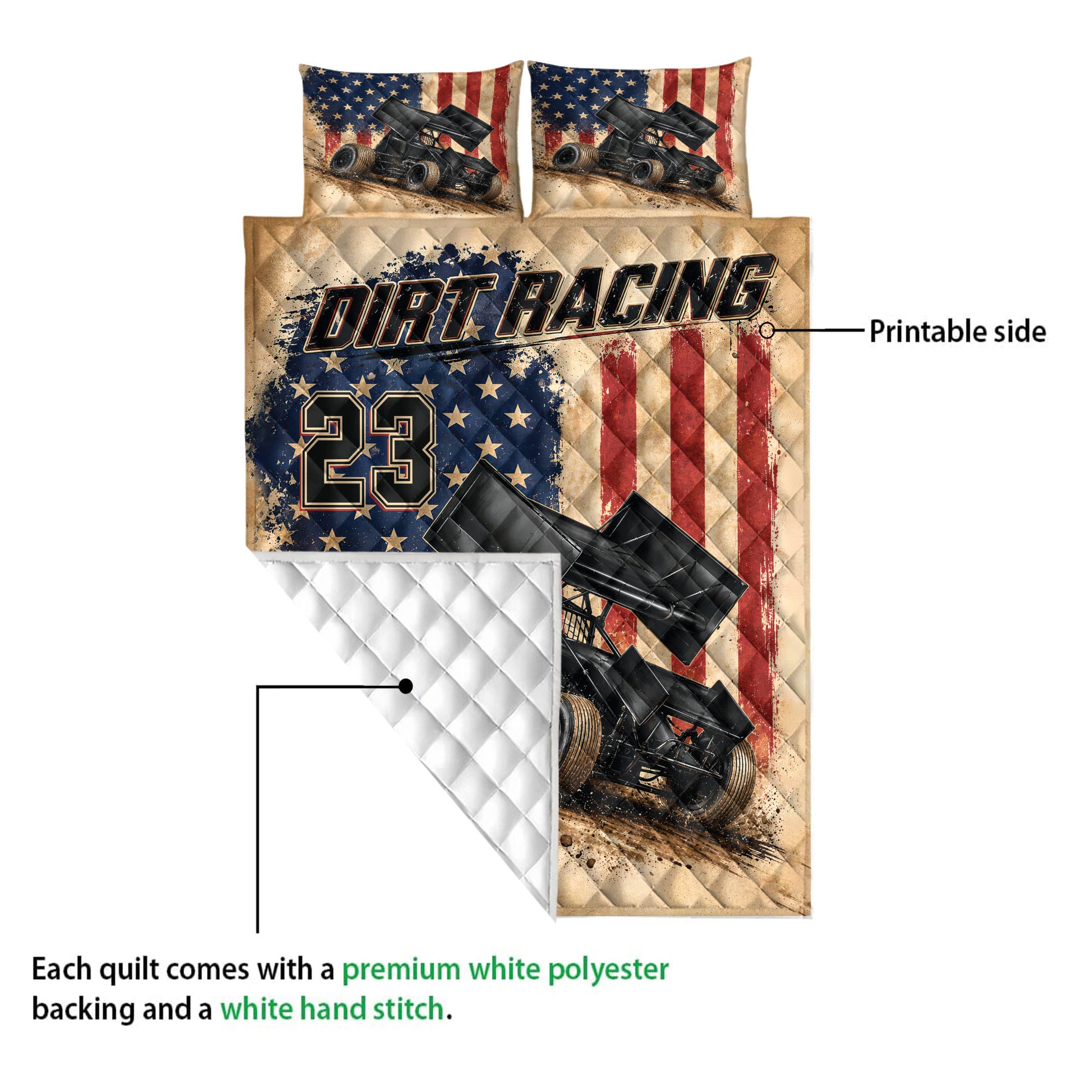 Dirt track racing quilt showing the printed front design and white quilted backing detail