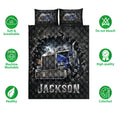 Trucker quilt bedding set shown flat with blue semi-truck artwork and feature icons