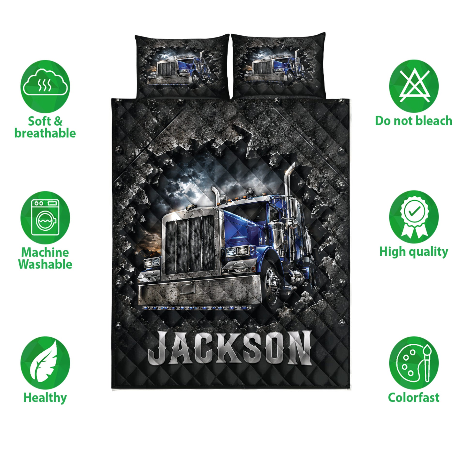 Trucker quilt bedding set shown flat with blue semi-truck artwork and feature icons