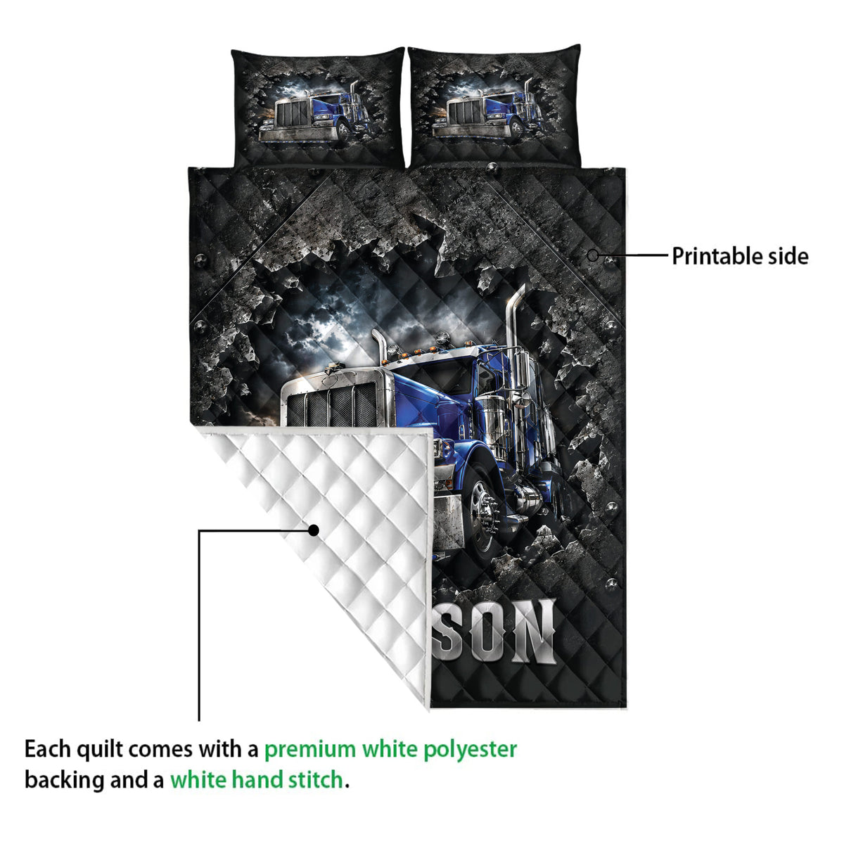 Trucker quilt blanket with blue semi-truck artwork shown with a folded corner and white backing