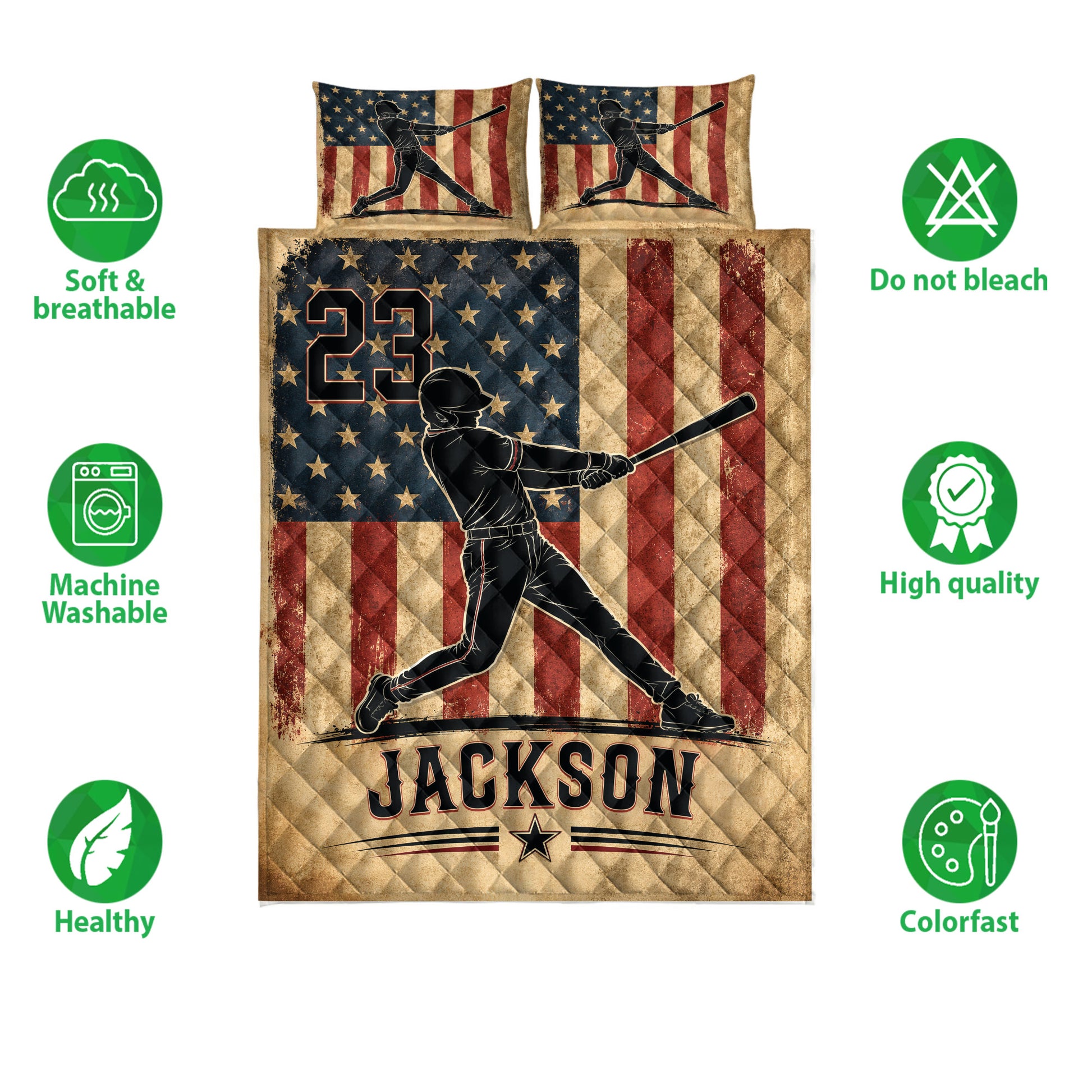 Baseball quilt bedding set shown with patriotic batter artwork and product feature icons