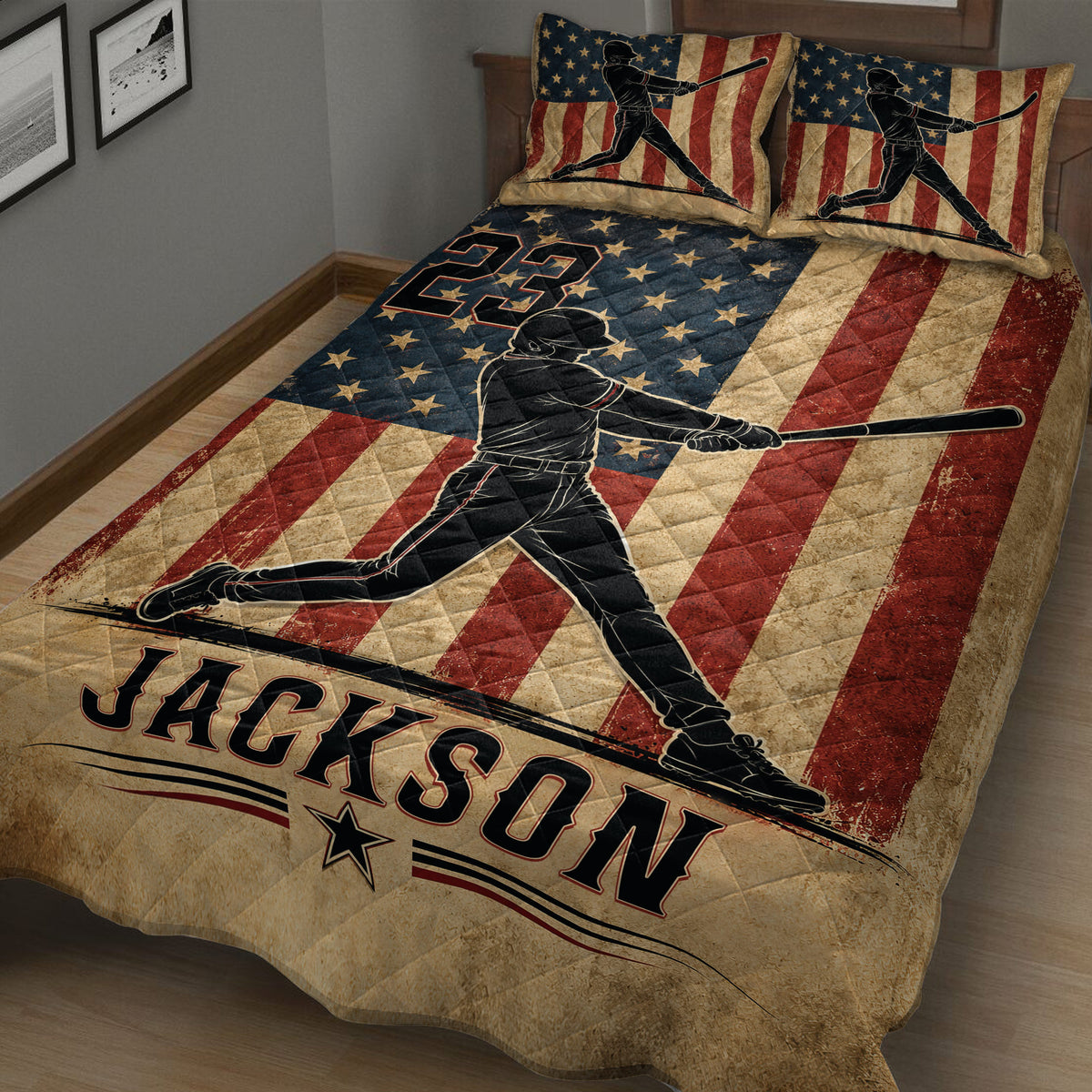 Baseball quilt blanket displayed in a bedroom with large batter artwork and patriotic red white and blue design
