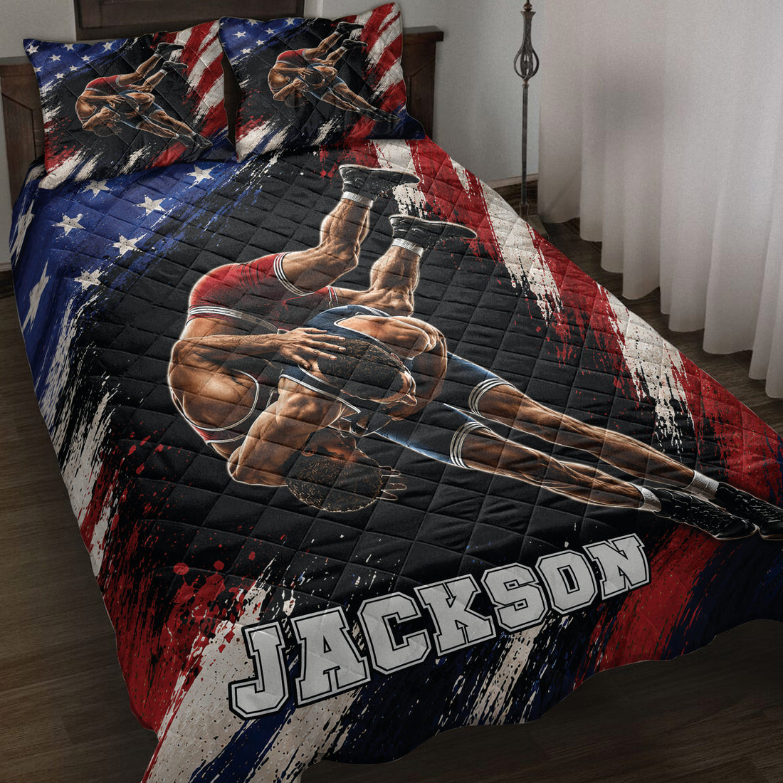 Wrestling quilt blanket bedding set displayed on a bed with red, white, blue, and black sports artwork