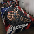 Wrestling quilt blanket bedding set displayed on a bed with red, white, blue, and black sports artwork