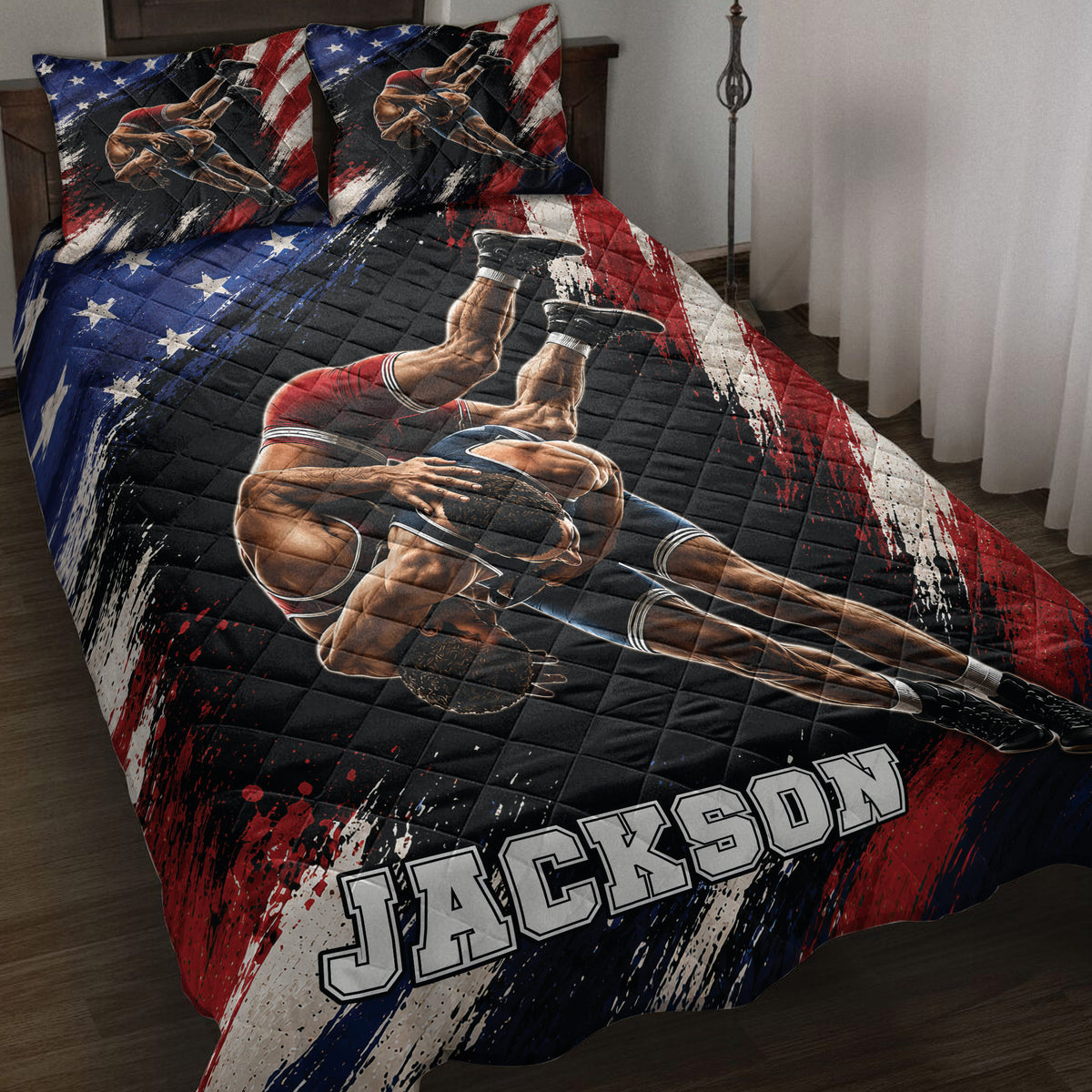 Wrestling quilt blanket bedding set displayed on a bed with red, white, blue, and black sports artwork