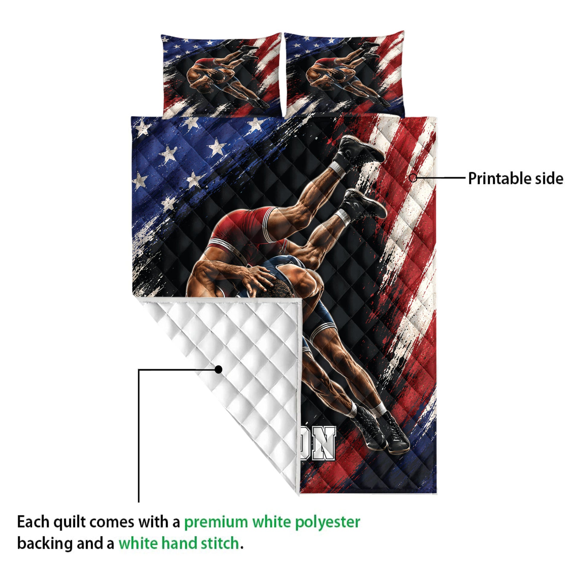Wrestling quilt blanket shown with a printed front, quilted backing, and grappling athlete artwork