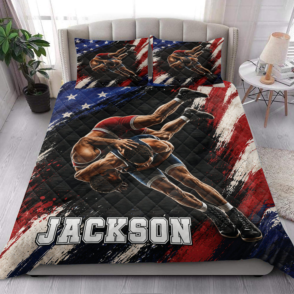 Wrestling quilt bedding styled on a bedroom bed with bold patriotic colors and athlete artwork
