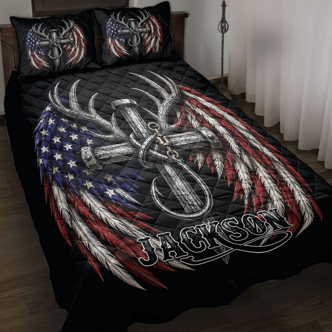 Hunting quilt blanket on a bed with deer antlers, feathers, anchor artwork, and patriotic red, white, and blue colors