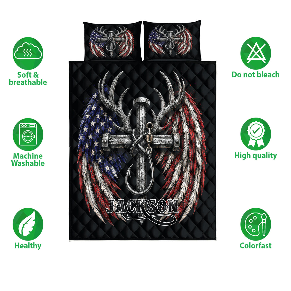 Hunting quilt bedding set displayed with deer antler artwork and soft, breathable, colorful design callouts