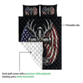 Hunting quilt showing a printed deer antler and feather design with a white quilted backing
