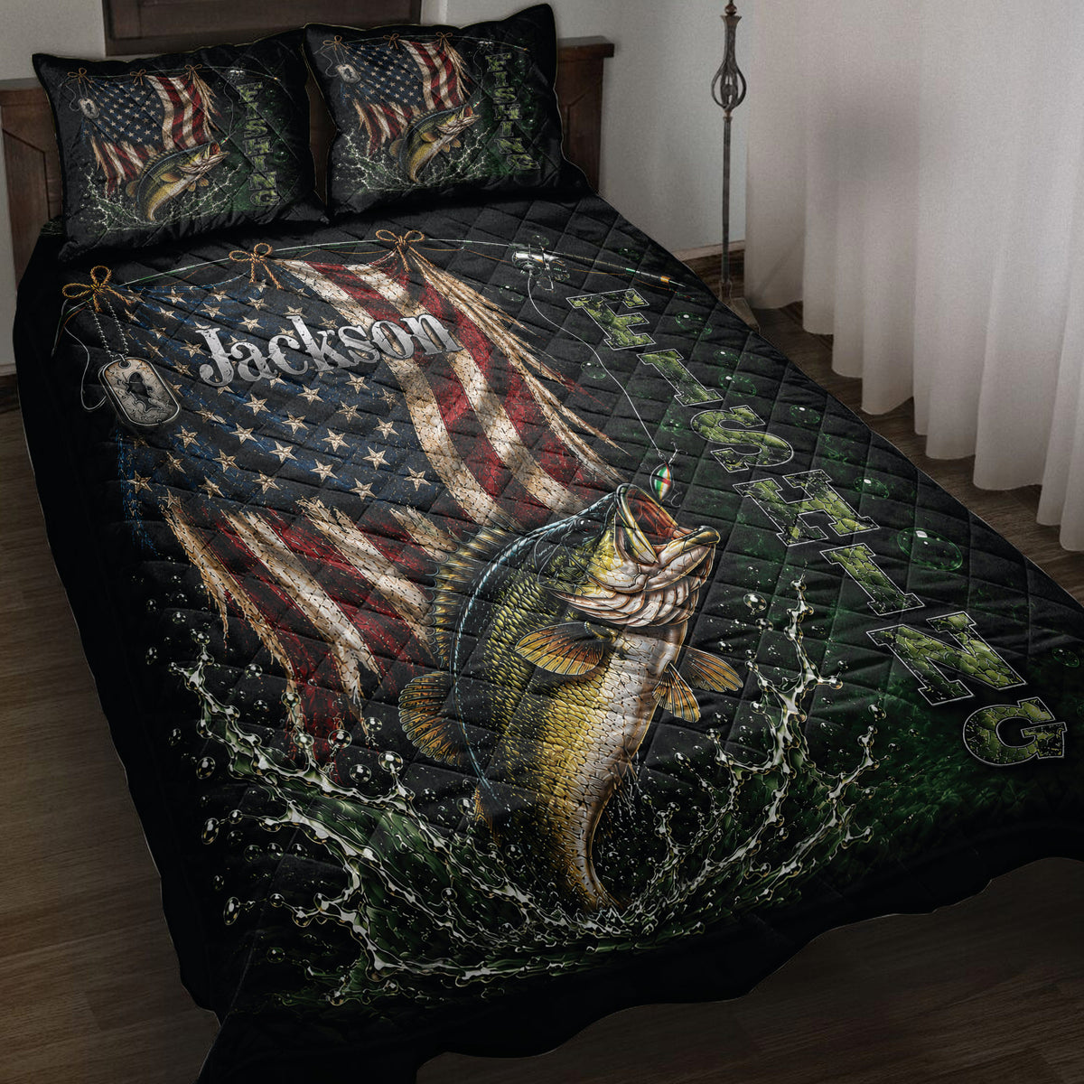 Fishing quilt bedding set displayed on a bed with a leaping bass, fishing rod, water splashes, and American flag artwork