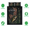 Fishing quilt bedding set with bass artwork, patriotic flag design, and soft breathable care feature icons