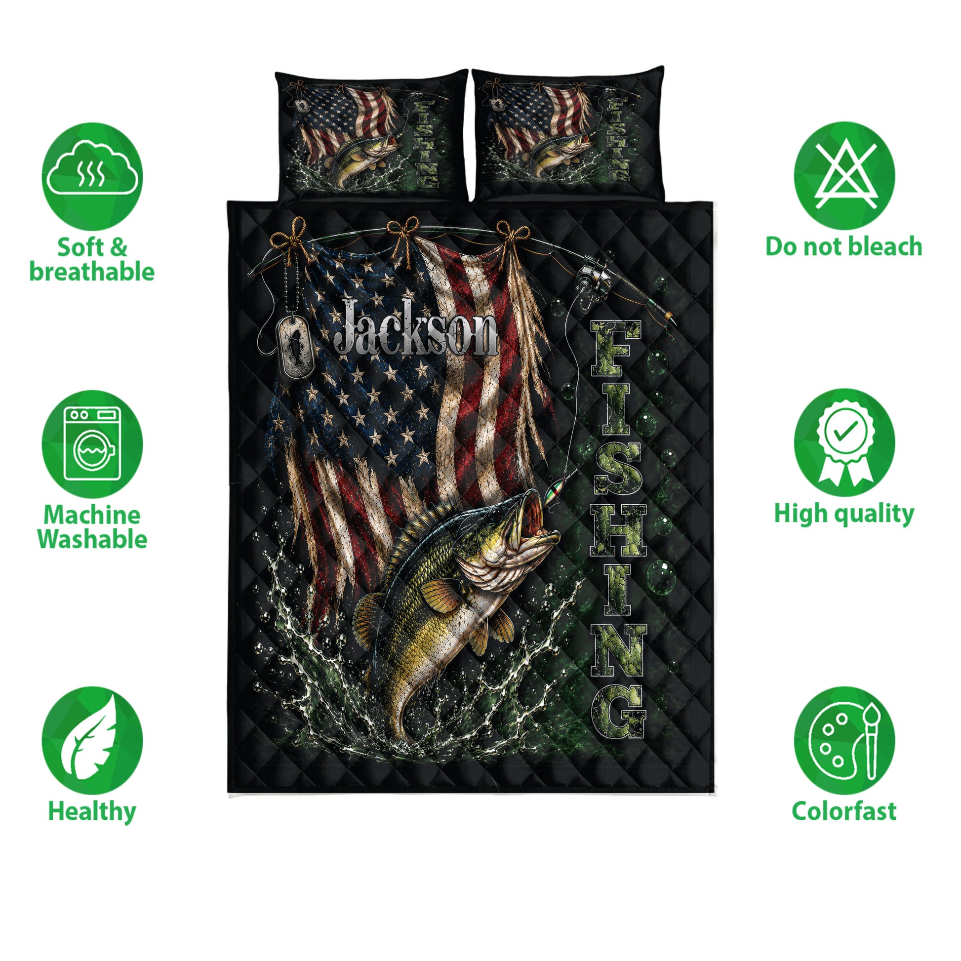 Fishing quilt bedding set with bass artwork, patriotic flag design, and soft breathable care feature icons
