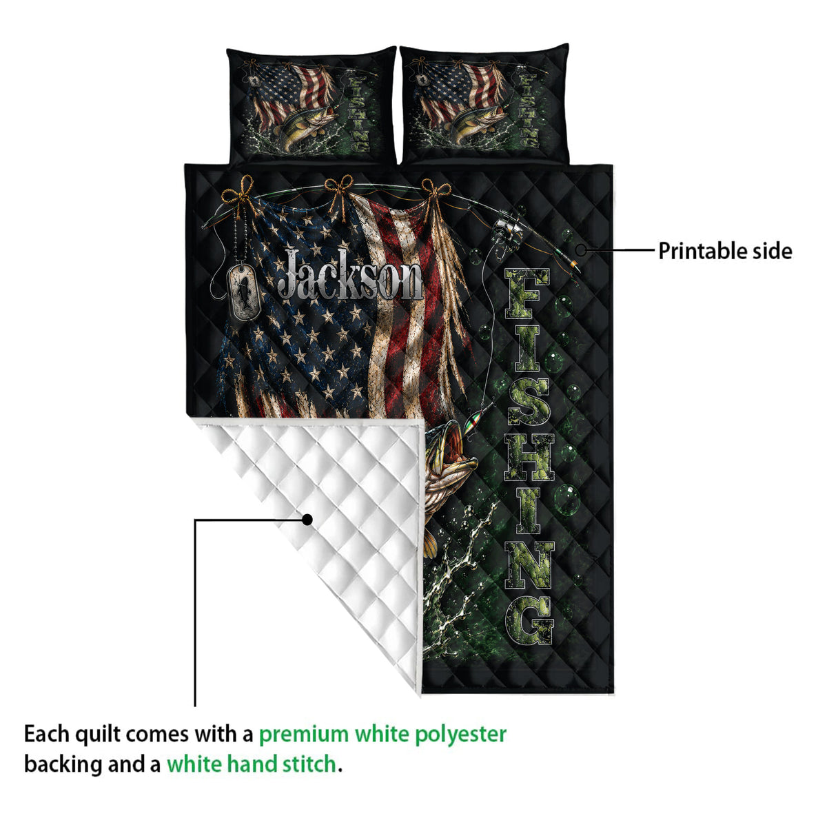 Fishing quilt showing the printed bass design and quilted white reverse side