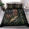 Fishing quilt bedding set styled in a bedroom with bass, fishing gear, water, and patriotic artwork