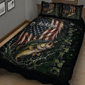 Close view of fishing quilt featuring a detailed largemouth bass, fishing rod, lure, and water splash artwork