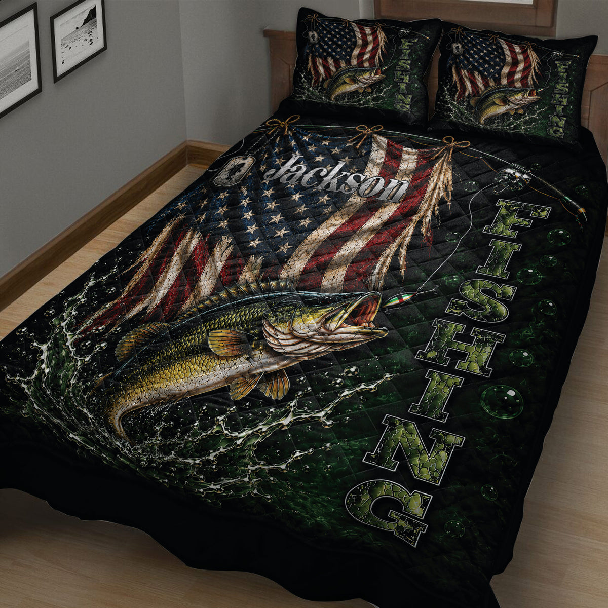 Close view of fishing quilt featuring a detailed largemouth bass, fishing rod, lure, and water splash artwork