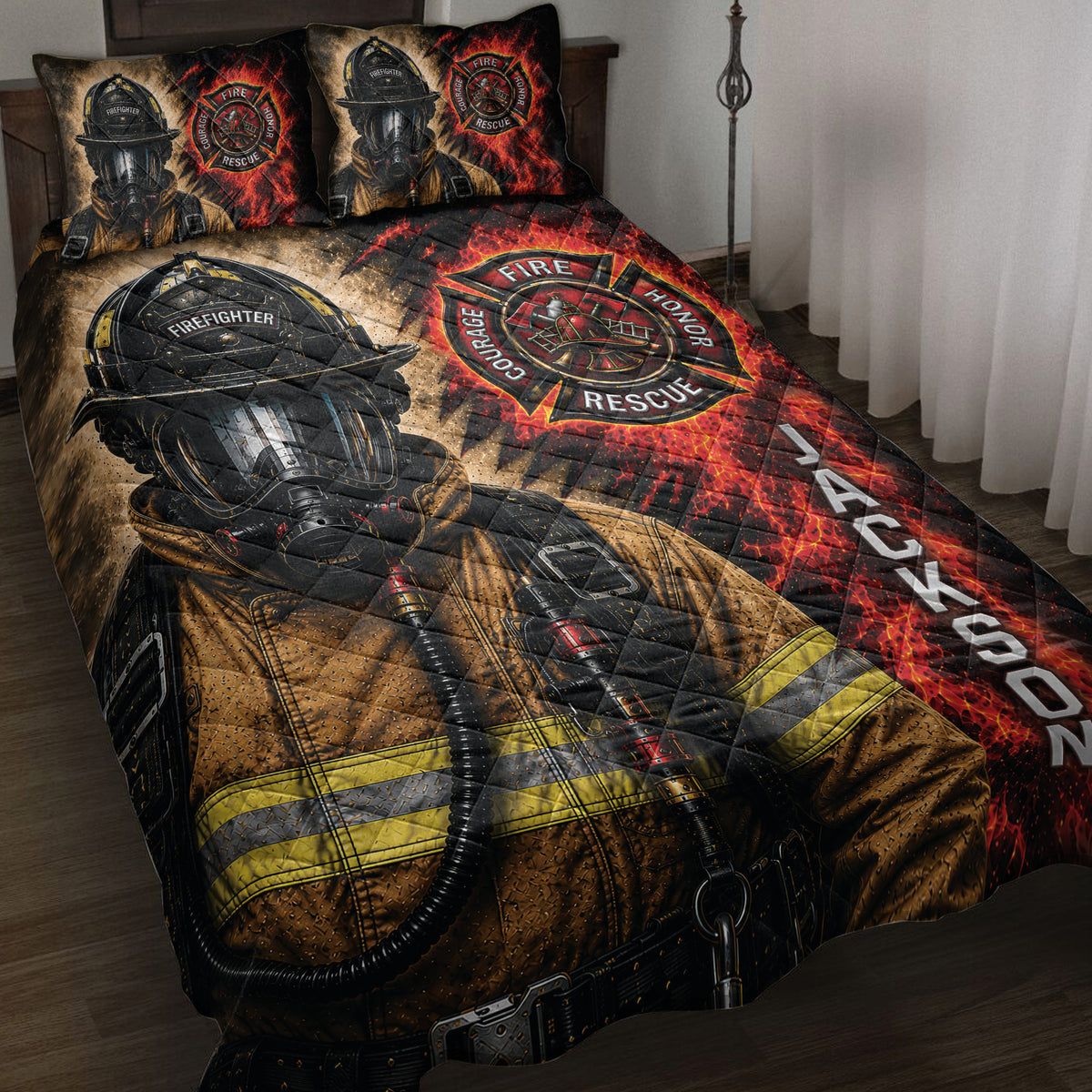 Firefighter quilt blanket bedding set displayed on a bed with helmets, rescue emblems, flames, and turnout gear