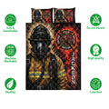 Firefighter quilt bedding set shown with helmet artwork, rescue emblem graphics, and a bold black, red, and gold design