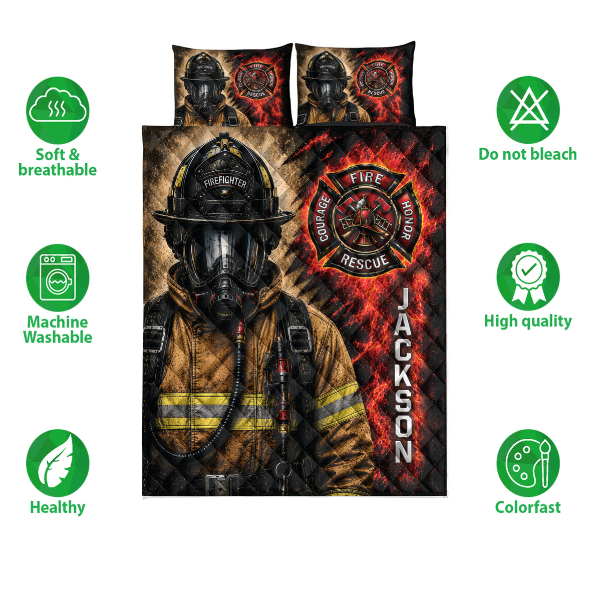Firefighter quilt bedding set shown with helmet artwork, rescue emblem graphics, and a bold black, red, and gold design