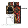 Firefighter quilt detail showing the printed front, quilted backing, helmet artwork, and rescue badge design