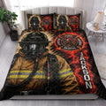 Firefighter quilt blanket styled in a bright bedroom with matching firefighter artwork across the bed and pillows