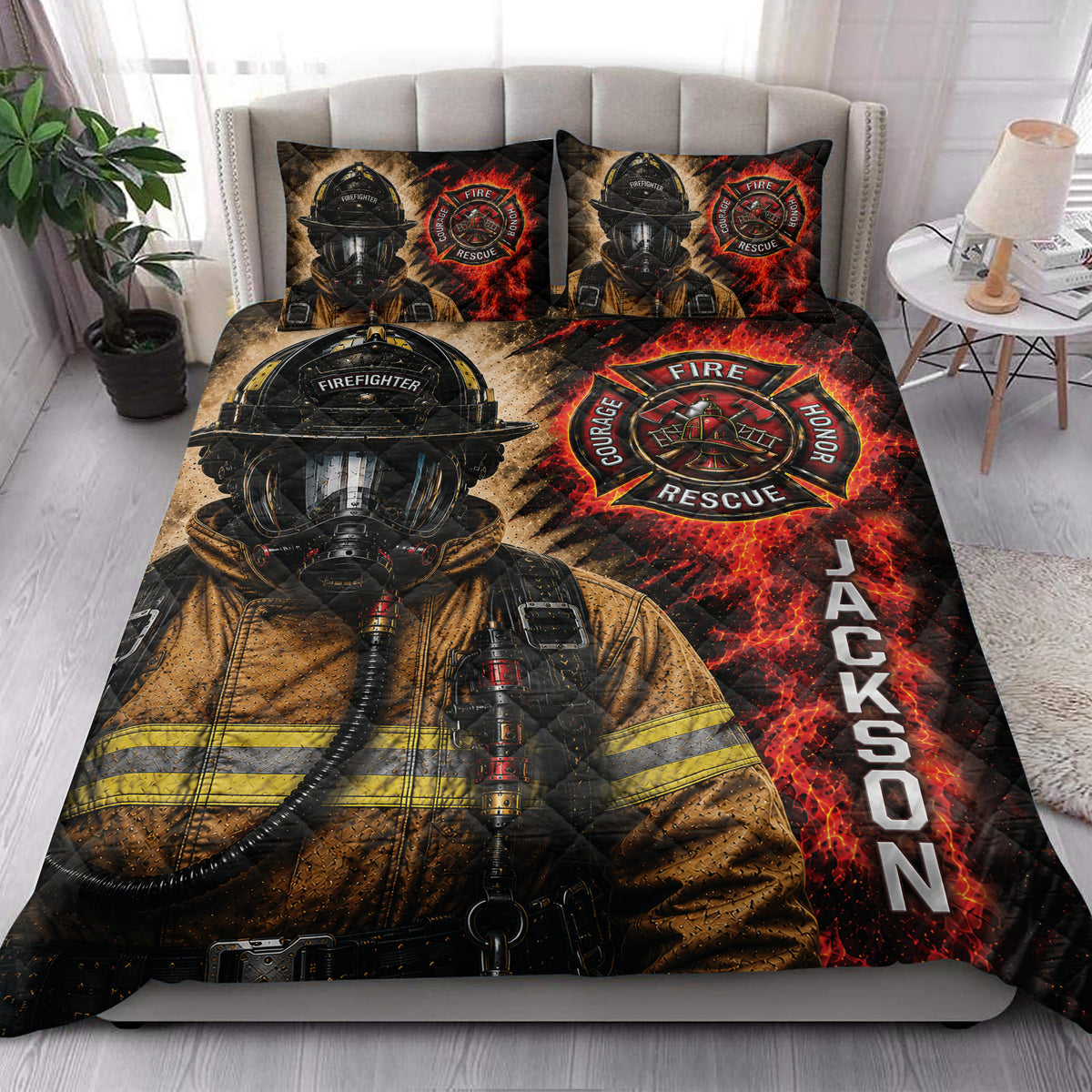 Firefighter quilt blanket styled in a bright bedroom with matching firefighter artwork across the bed and pillows