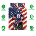 Motocross quilt bedding set with dirt bike rider artwork and soft, breathable, machine washable feature icons