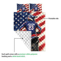 Motocross quilt showing a dirt bike rider design, printed front, and white diamond-stitched backing