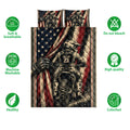 Motocross quilt bedding set product display with dirt bike artwork, patriotic racing colors, and illustrated feature icons.