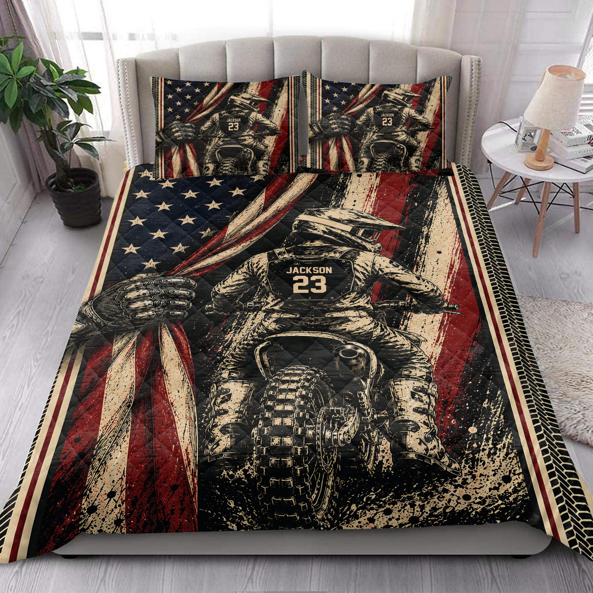 Motocross quilt bedding set styled in a bright bedroom with bold dirt bike rider artwork and racing-inspired colors.