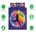 Soccer quilt bedding set displayed front-on with colorful paint-splash artwork and female soccer player silhouettes