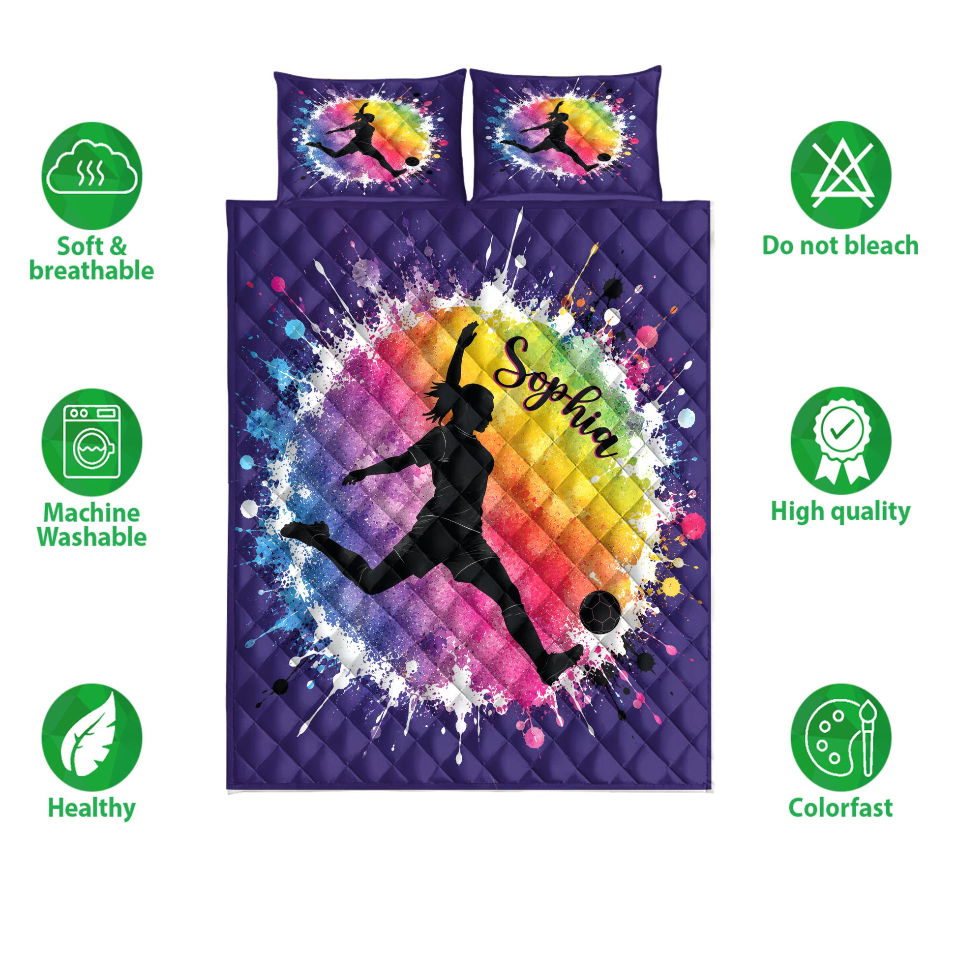 Soccer quilt bedding set displayed front-on with colorful paint-splash artwork and female soccer player silhouettes