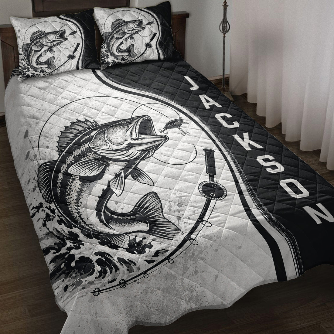 Fishing quilt blanket displayed on a bed with large fish, fishing rods, and black and white artwork