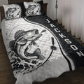 Fishing quilt blanket displayed on a bed with large fish, fishing rods, and black and white artwork