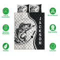 Fishing quilt bedding set with fish artwork, matching design presentation, and product feature icons