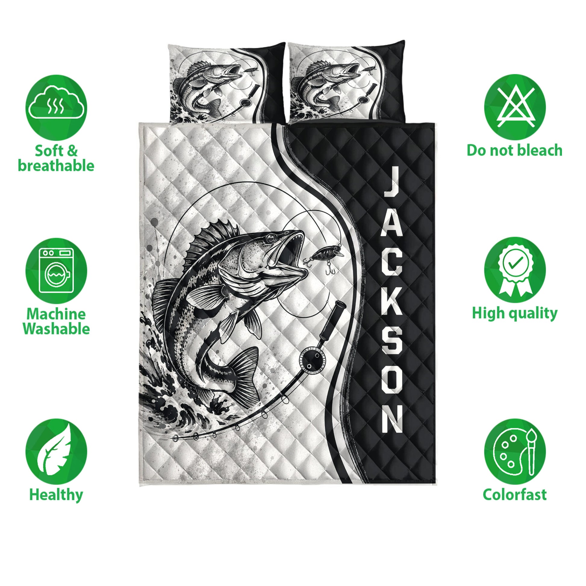 Fishing quilt bedding set with fish artwork, matching design presentation, and product feature icons